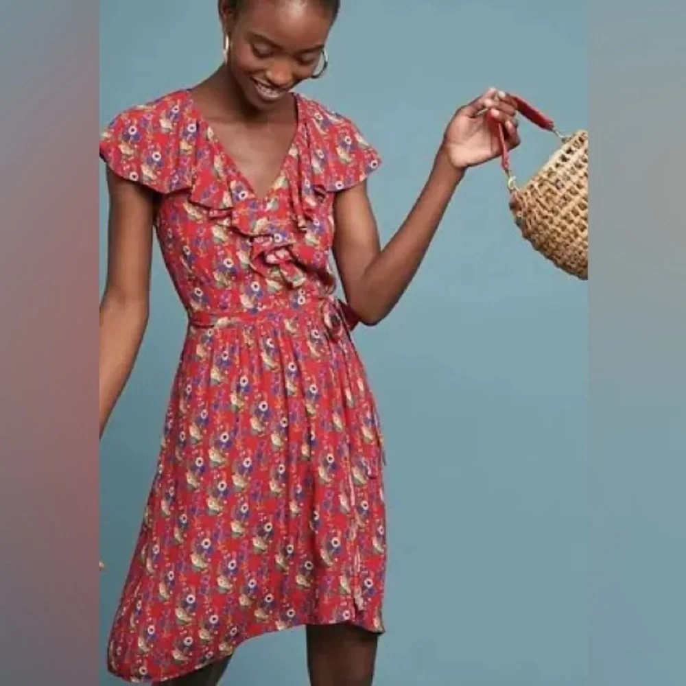 Maeve Red Floral Faux Wrap Dress Size 12 - Picture 3 of 9